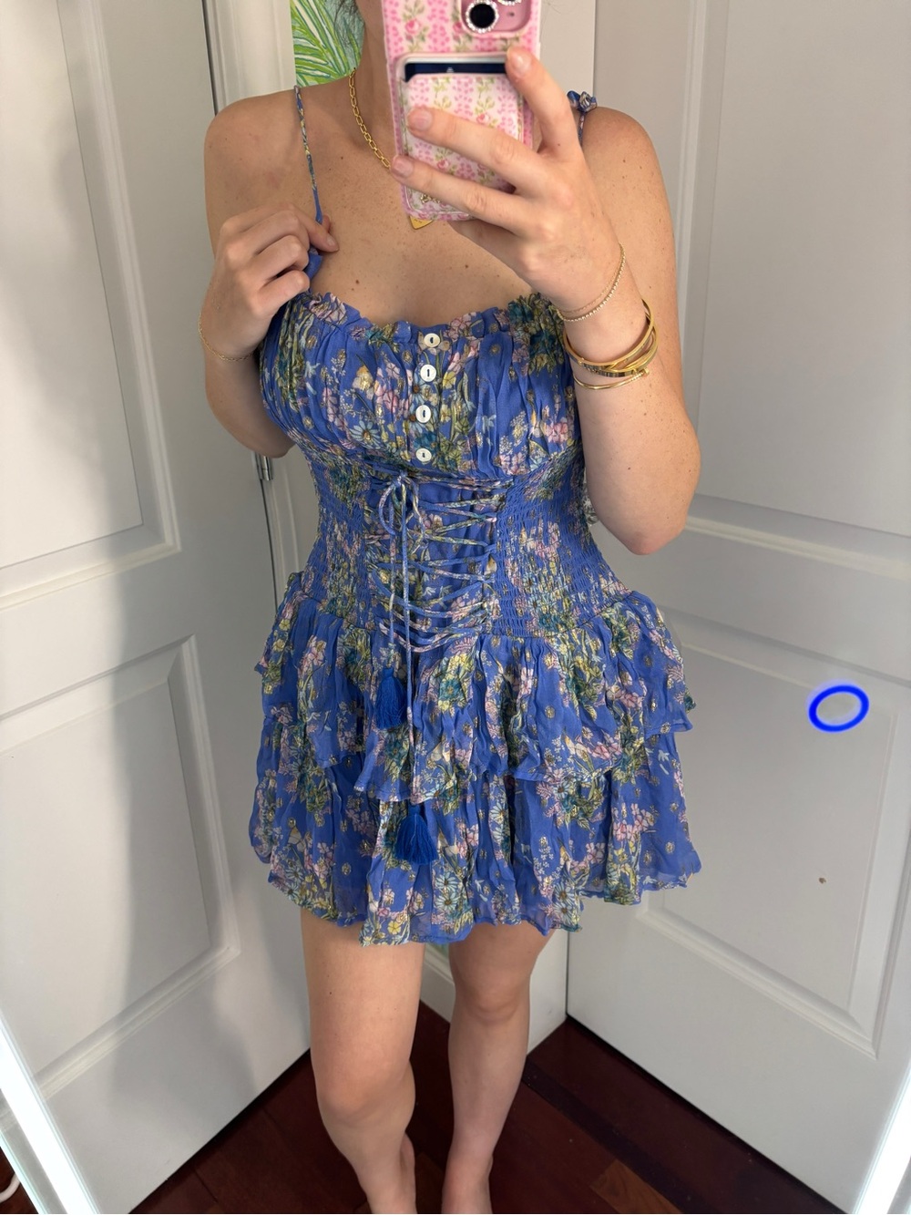 Fillyboo Blue Floral Mini Dress with Pink & Green Accents